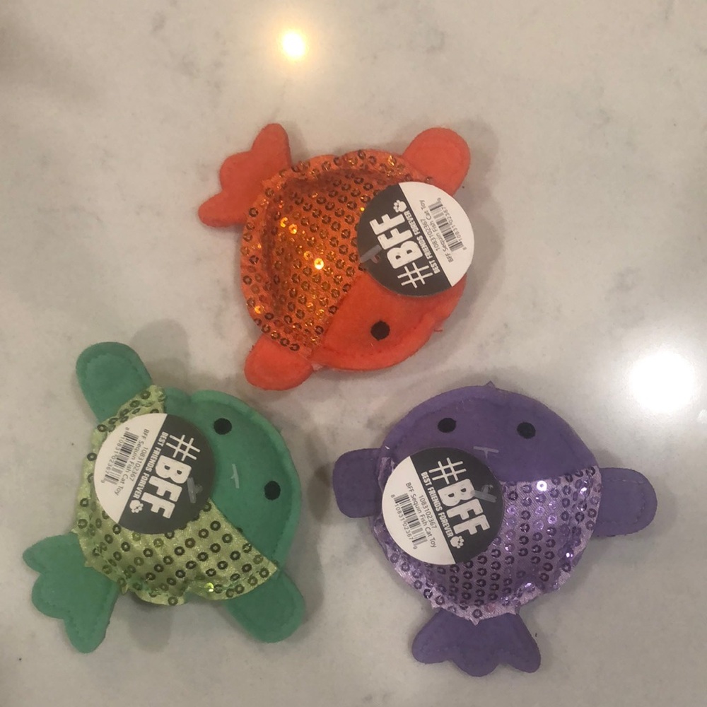Sequin Fish Cat Toys - Orange, Green, and Purple